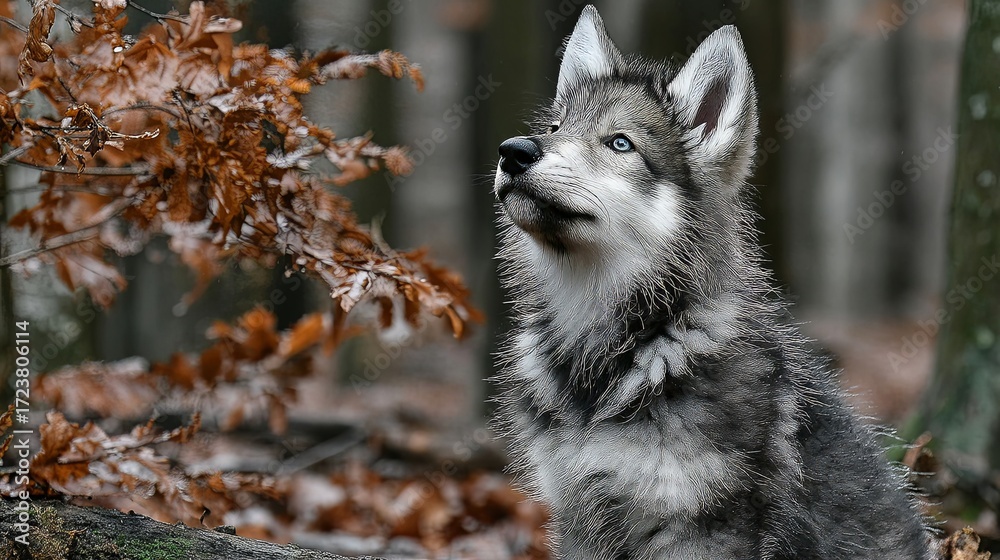 Obraz premium Young Wolf Sitting on Snow-Dusted Rocks in Autumn Forest with Alert Expression