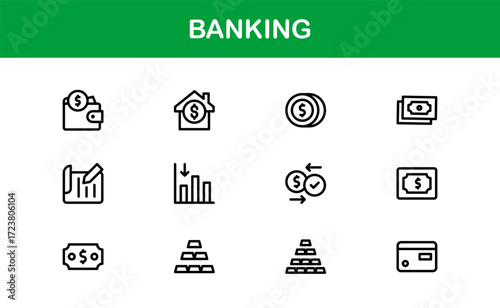 Comprehensive Banking Icons Pack. Minimal and flat icons of ATMs, credit cards, banks, and accounts for financial services, apps, and professional design use.