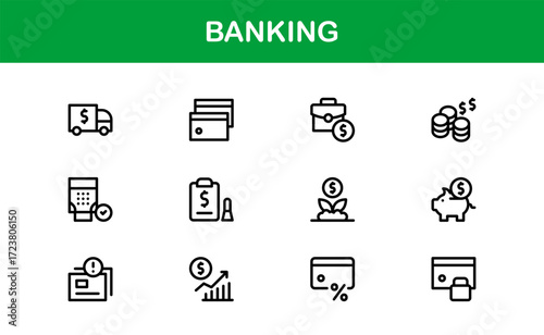 Minimal Banking Icons Set. Clean, simple icons of banks, wallets, money transfers, and accounts designed for apps, websites, and digital financial projects.