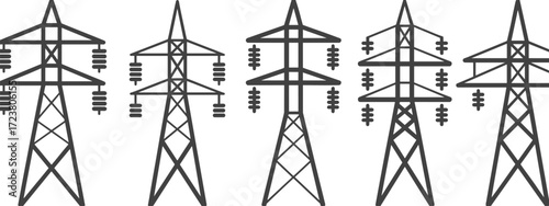 Set of five high voltage electricity transmission towers, vector line art icons for energy infrastructure, utility design, engineering diagrams, and industrial illustrations.