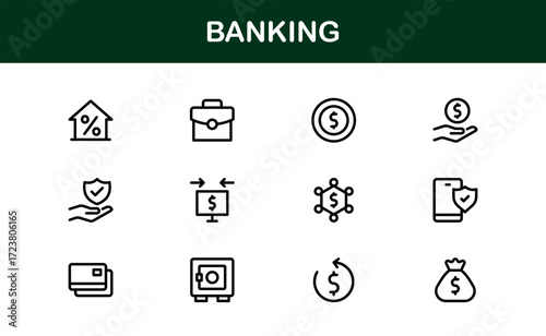 Outline Banking Icons Pack. Linear style icons of ATMs, banks, accounts, and money transfers perfect for apps, reports, and financial design projects.