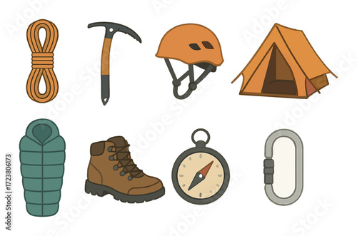 Essential mountaineering equipment set with rope, ice axe, helmet, and tent illustrations