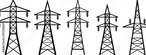 Set of five high voltage electricity transmission towers, vector line art icons for energy infrastructure, utility design, engineering diagrams, and industrial illustrations.