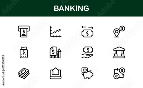 Flat and Outline Banking Icons Set. Includes money transfers, credit cards, and online transactions in a modern professional style for digital finance projects.
