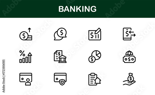 Minimalistic Banking Icons Collection. Sleek, clean icons of ATMs, accounts, credit cards, and wallets perfect for finance, banking, and digital projects.