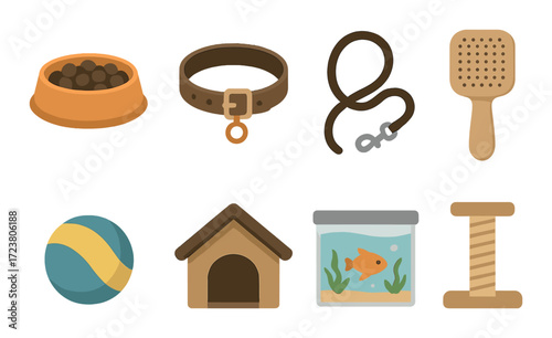 Essential pet accessories: bowl, collar, leash, brush, ball, dog house, fish tank, scratching post