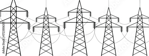 Set of five high voltage electricity transmission towers, vector line art icons for energy infrastructure, utility design, engineering diagrams, and industrial illustrations.