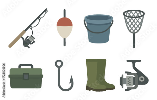 Fishing gear icons: rod, bobber, bucket, net, tackle box, hook, boots, reel