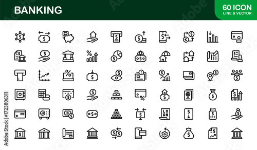 Modern Banking Icons Pack. Includes flat and outline illustrations of banks, ATMs, wallets, and credit cards for apps, websites, and digital financial services.