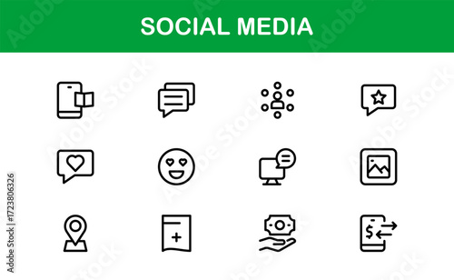 Flat and Outline Social Media Icons Set. Includes likes, chats, followers, and messages in a modern professional style for digital, web, and app use.