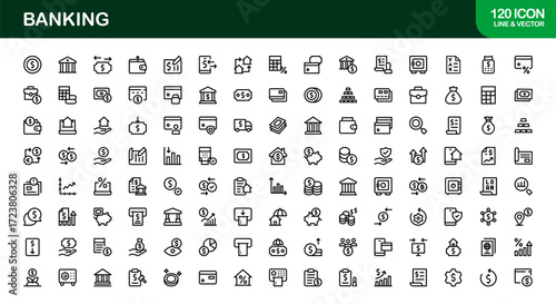 Creative Banking Icons Set. Flat and minimal illustrations of ATMs, credit cards, money, and online accounts for professional and personal finance projects.