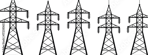 Set of five high voltage electricity transmission towers, vector line art icons for energy infrastructure, utility design, engineering diagrams, and industrial illustrations.