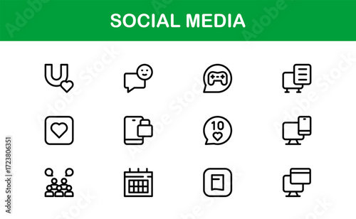 Creative Communication and Social Media Icons Set. Includes modern illustrations of chats, sharing, likes, and followers in flat and outline styles.