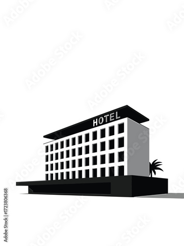 Modern hotel building exterior with palm tree and white background