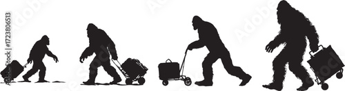 Vector art of bigfoot silhouette set with luggage, traveling and vacation