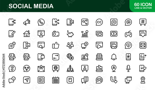 Outline Social Media Icons Collection. Linear icons of likes, chats, followers, and sharing ideal for online communication, networking, and digital presentations.