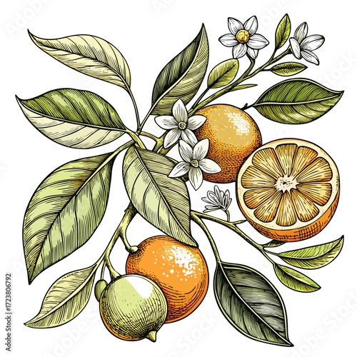 Orange tree branch with ripe fruit blossoms leaves detailed drawing