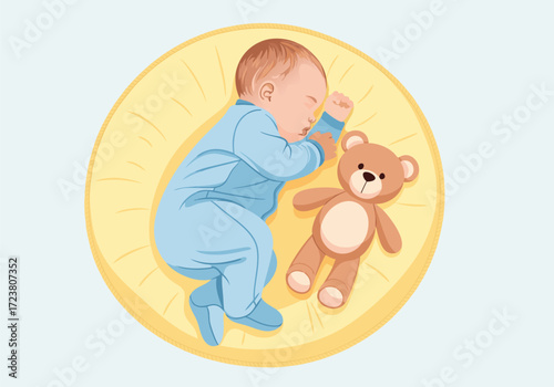 Adorable illustration of a newborn baby boy sleeping soundly next to his teddy bear toy