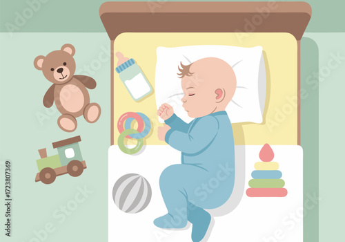 Sweet dreams of a newborn baby boy sleeping in his cot, a top-down flat vector illustration. 
