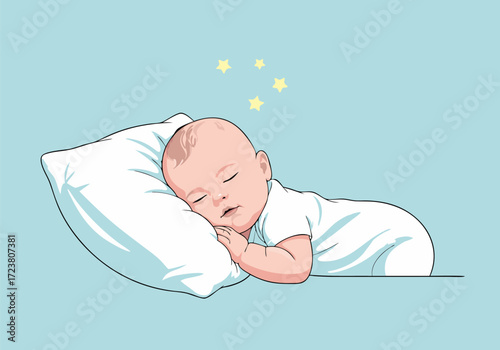 Adorable cartoon baby sleeping peacefully on a soft pillow with stars, sweet dreams vector illustration