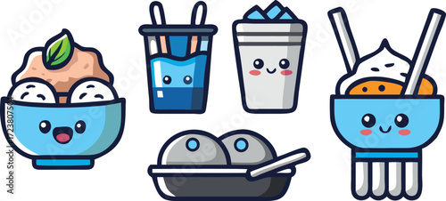 Cute Kawaii-style dessert and cold drink vector set.