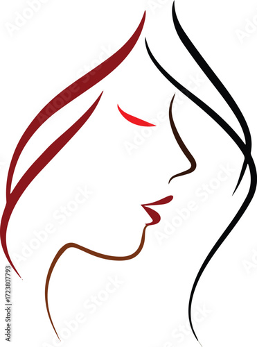 Vector art of elegant woman face in profile with red hair and lips isolated on