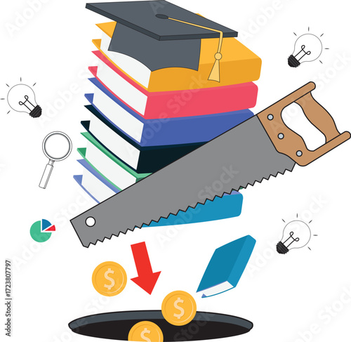 Student loan pitfall, knowledge cost and expense or big debt to pay off for education, high degree ego concept, graduation hat mortar board on book stack being saw to fall down.