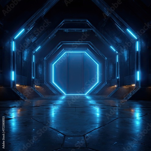 Futuristic blue-lit corridor with octagonal portal