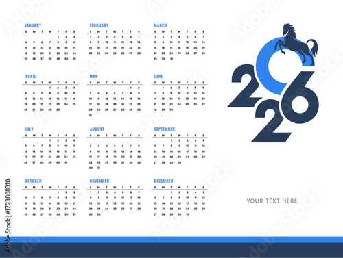 2026 year Calendar. Classical, minimalistic, simple design. White background. Vector Illustration.