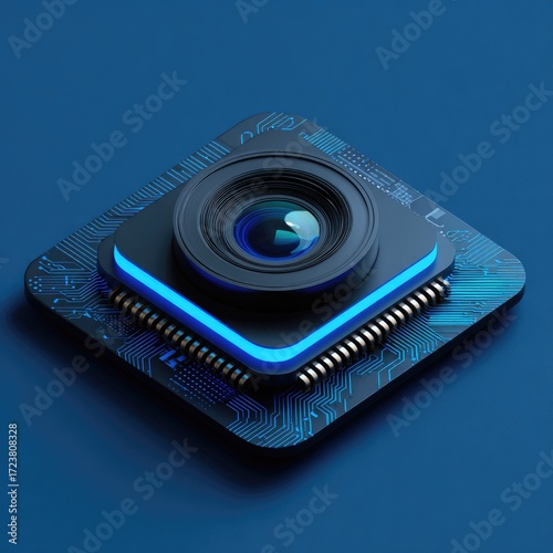 Futuristic camera lens on a circuit board