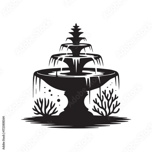 Silhouette of a tiered water fountain with aquatic plants, isolated on white background