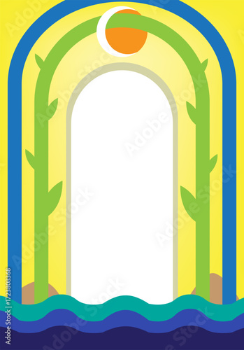 Magical Portal with Vines, Whimsical Lake and Moonlight. Editable Clip Art.