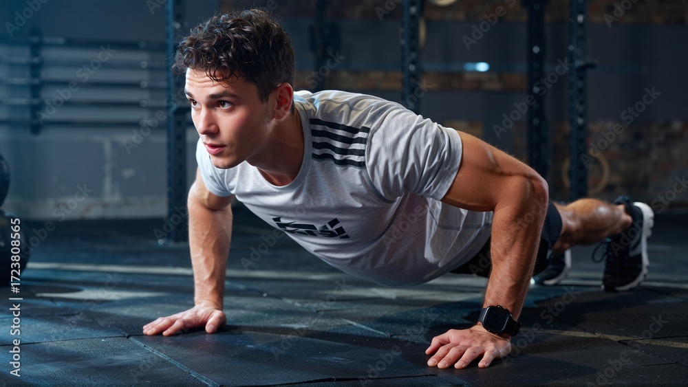 Fototapeta premium Determined man intensely focusing while performing a push-up in a gritty, dimly lit fitness studio.