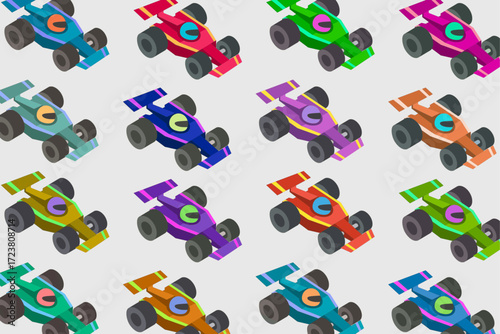 Seamless pattern of colorful racing cars on white background. Motorsport, speed, competition, and individuality concept with bright and dynamic formula-style vehicles.