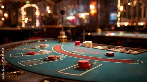 Luxury blackjack table inside elegant casino with poker chips, playing cards, golden lights, and gambling atmosphere