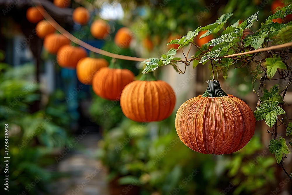 Obraz premium Vibrant Orange Pumpkins Hanging in a Lush Garden Setting for Autumn Decoration