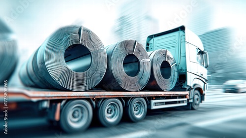 A heavy duty flatbed truck carrying large steel rolls on the road.