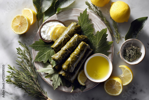 Overhead shot of stuffed grape leaves neatly arranged on ceramic platter, lemon wedges and fresh herbs for garnish