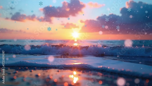Winter Sunset Over Ocean Waves with Falling Snowflakes and Bokeh