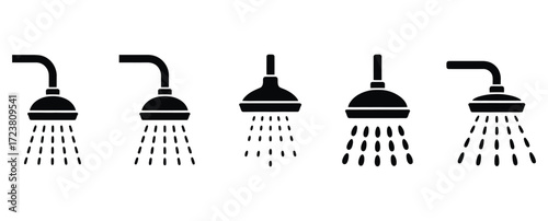 WebClean minimalist black shower heads icons for modern bathroom design, perfect for plumbing brochures and stylish home renovation projects, offering a fresh and invigorating start to the day