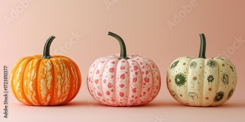 Three decorative pumpkins with unique painted patterns on pastel background. Autumn and Halloween still life for festive design.