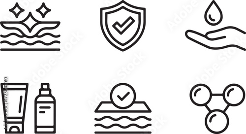 A minimalist and clean-lined icon set illustrating skincare benefits, including skin protection, hydration, scientific ingredients, and dermatology concepts for cosmetic products
