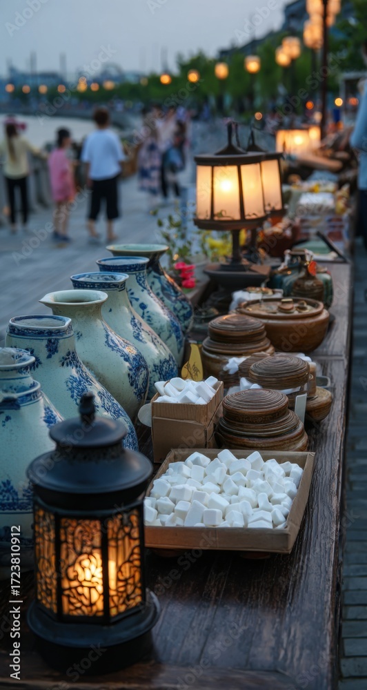 Fototapeta premium Evening market scene by the water