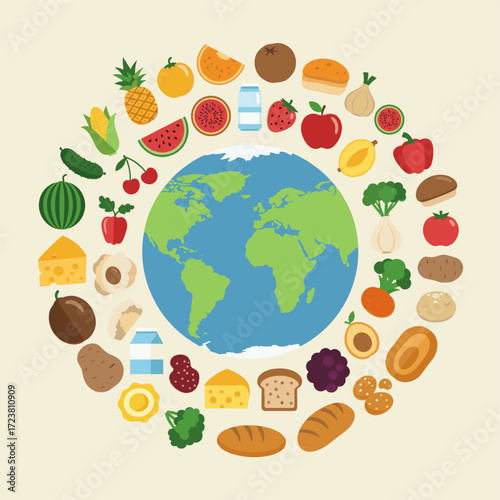 World globe surrounded by food icons. Concept for global food supply and agriculture.