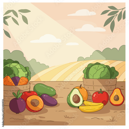 Fresh produce on a farm with field background, including vegetables and fruits.