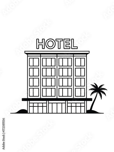 Simple line art illustration of a hotel building with palm tree