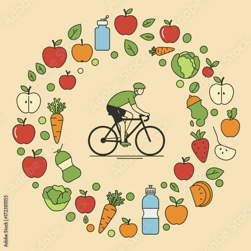 Cyclist riding bicycle surrounded by healthy food icons. Healthy lifestyle concept.