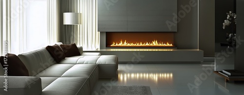 Cozy Modern Living Room With Sleek Fireplace and Large Windows in Bright Afte...