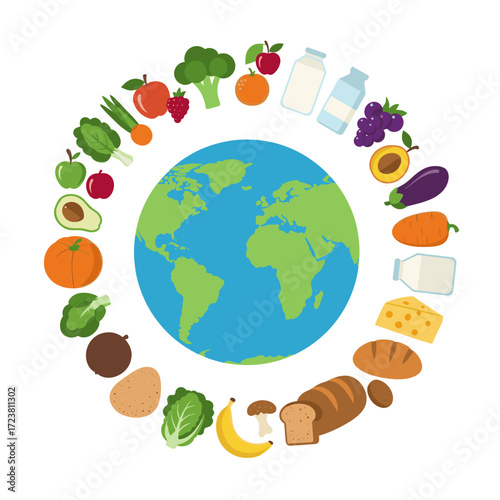 World food day vector illustration with earth globe and healthy food around it.