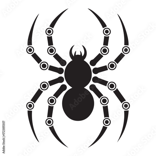 Stylized black spider with segmented legs and circular joints, isolated on white background